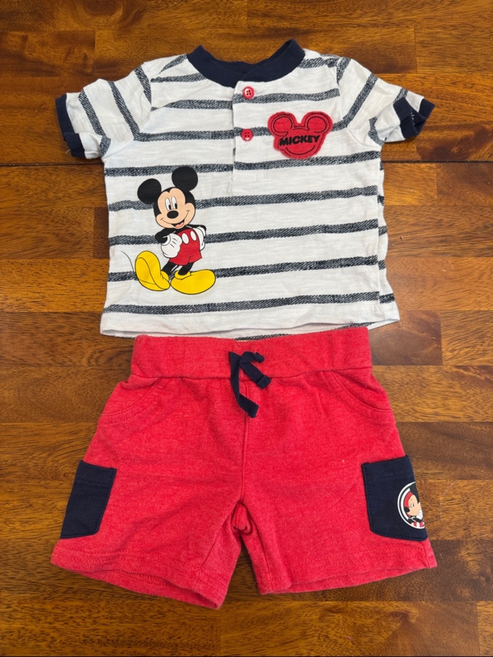 Disney Boys Mickey Mouse Striped Tee & Red Shorts Set